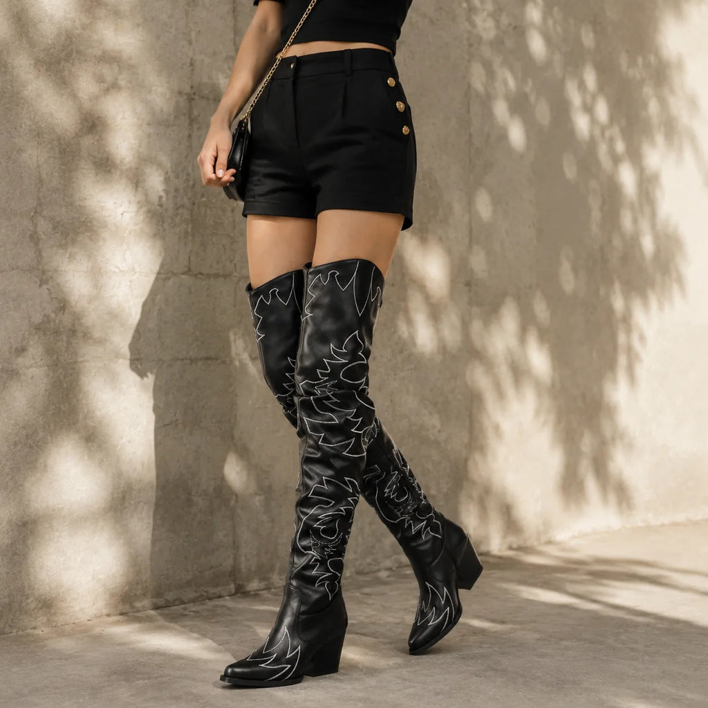 Deep Black Tossa Embroidered Leather Boots lifestyle scene