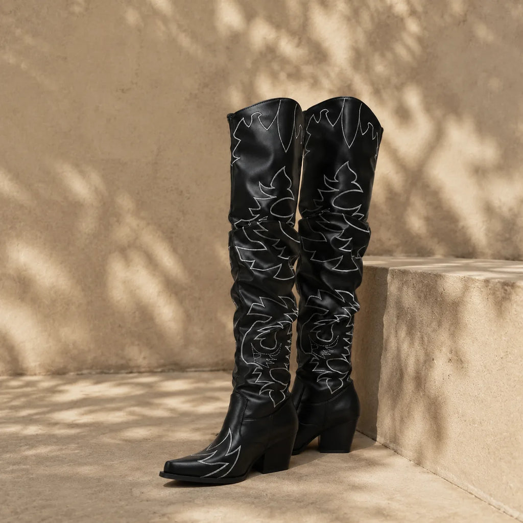 Deep Black Tossa Embroidered Leather Boots styled scene