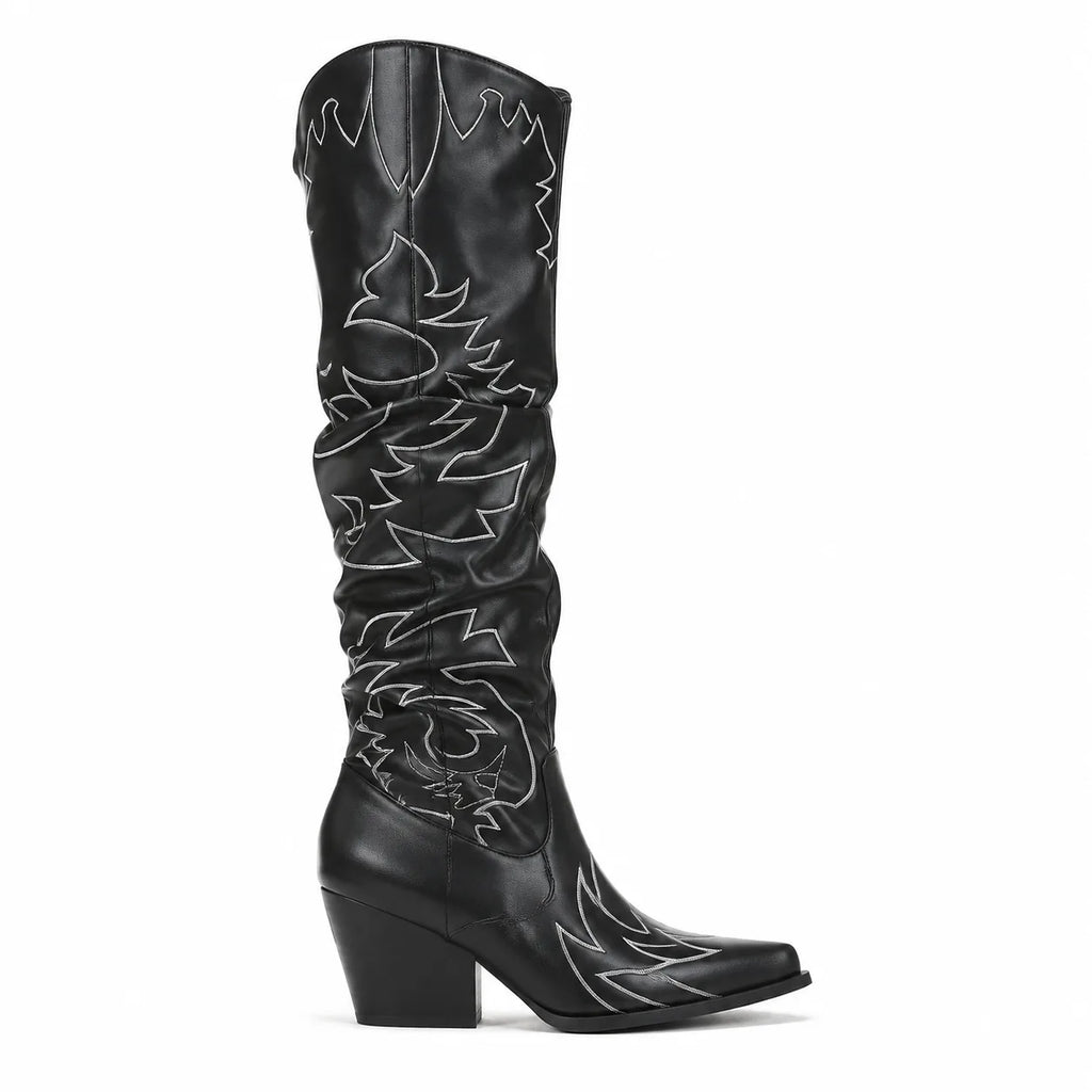 Deep Black Tossa Embroidered Leather Boots side view