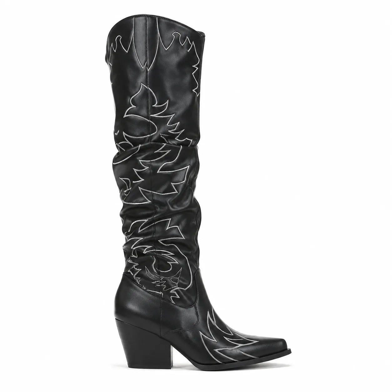 Deep Black Tossa Embroidered Leather Boots side view