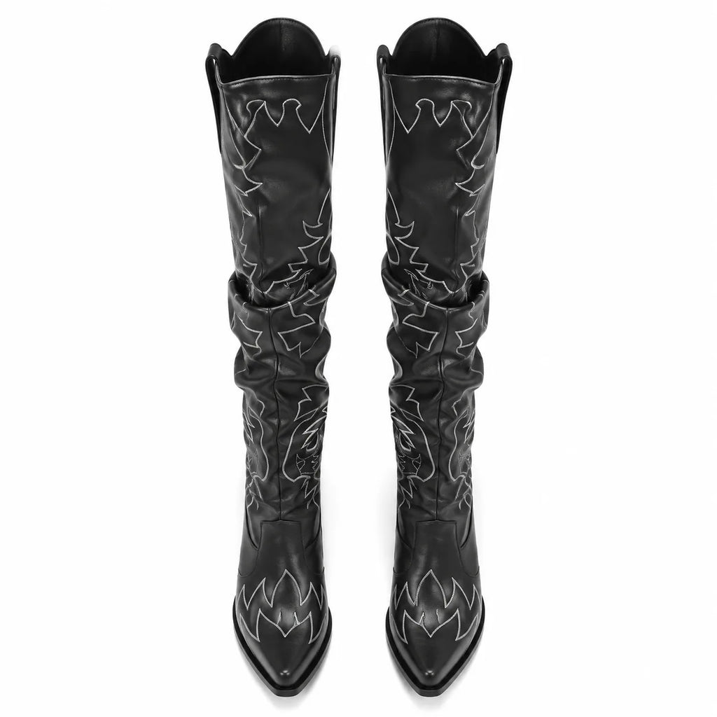 Deep Black Tossa Embroidered Leather Boots top view