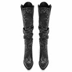 Deep Black Tossa Embroidered Leather Boots top view