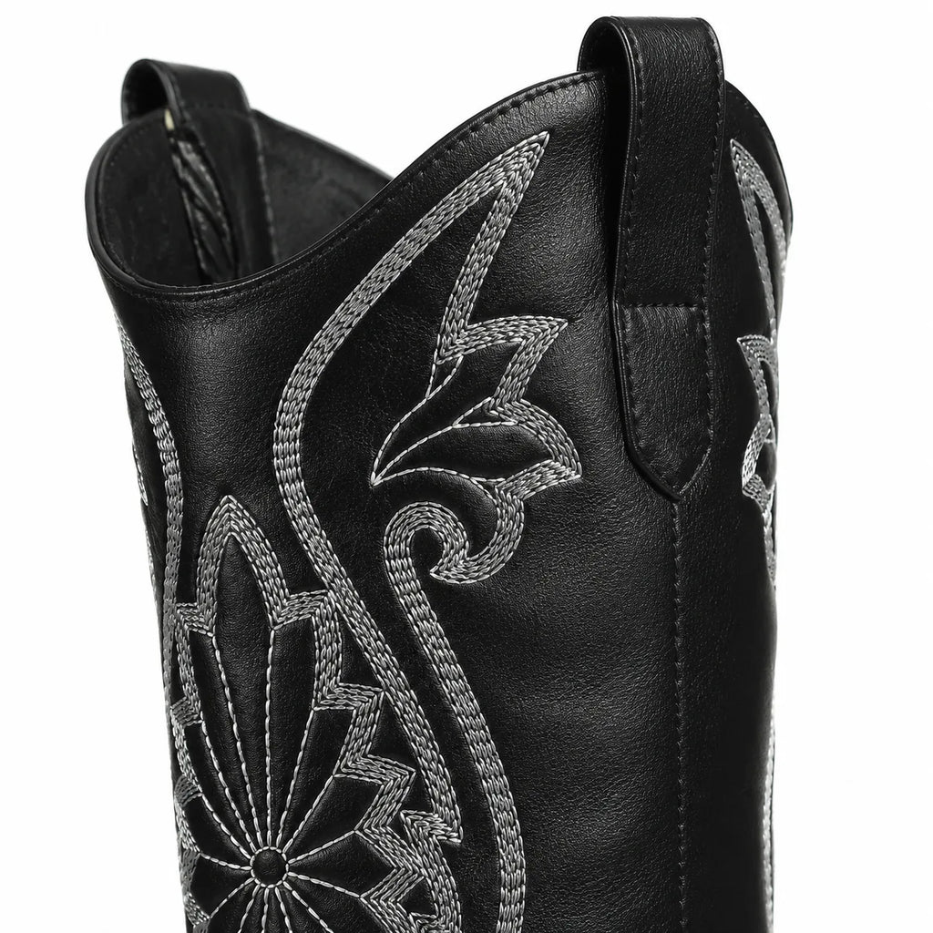 Deep Black Olimpia Embroidered Leather Boots close-up detail