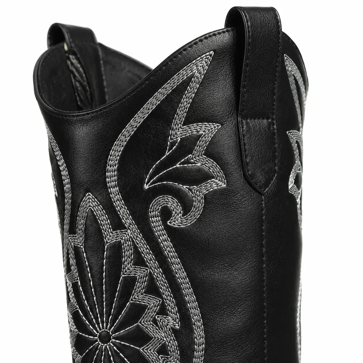 Deep Black Olimpia Embroidered Leather Boots close-up detail