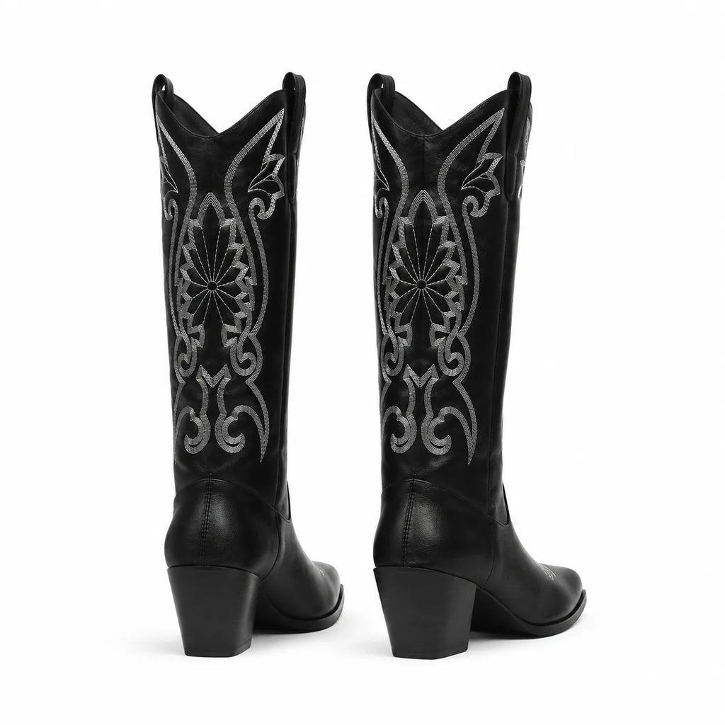 Deep Black Olimpia Embroidered Leather Boots heel detail
