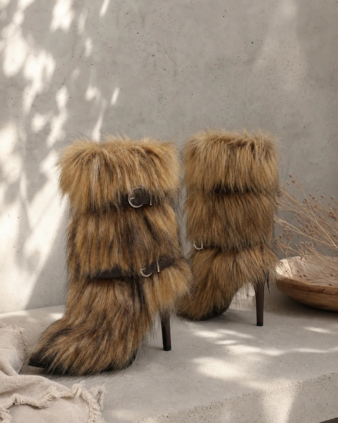 Rich Brown Adriana Buckle Stiletto Boots styled scene