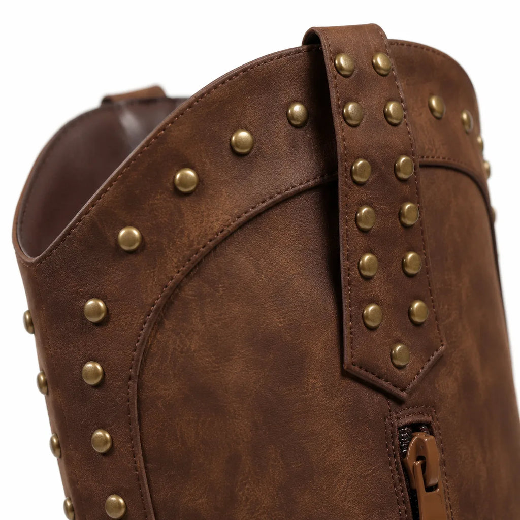Rich Brown Bettina Studded Leather Boots close-up detail