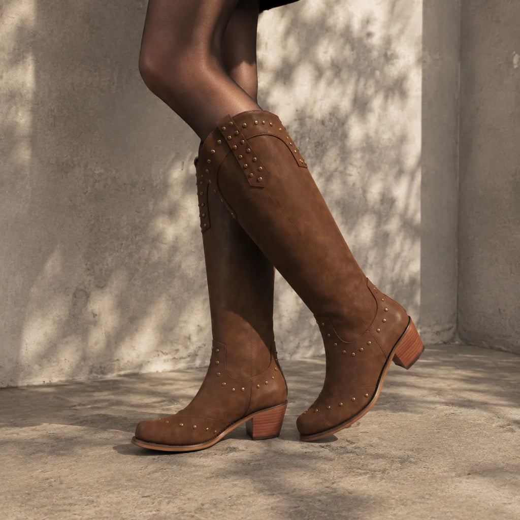 Rich Brown Bettina Studded Leather Boots on-foot view