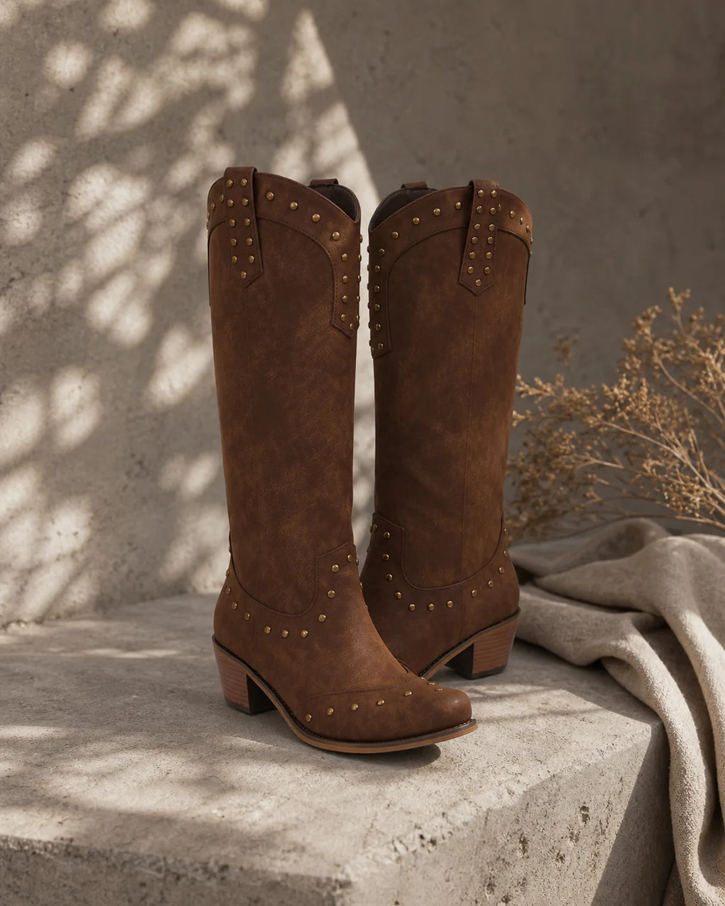 Rich Brown Bettina Studded Leather Boots styled scene