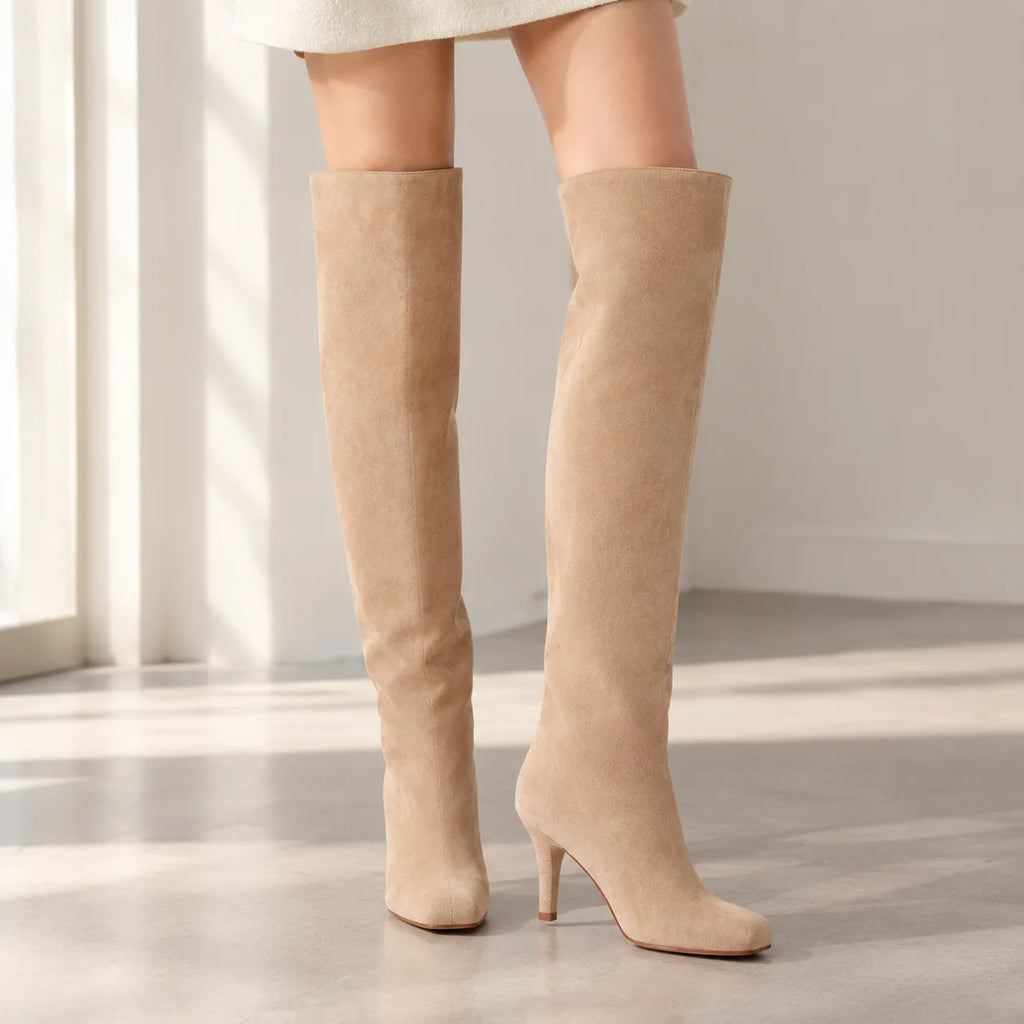 Apricot Suede Castelsardo Sheepskin Stiletto Boots on-foot view