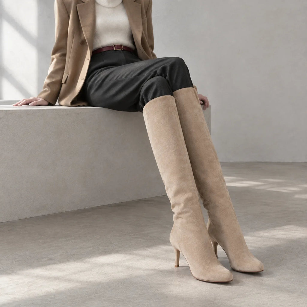 Apricot Suede Castelsardo Sheepskin Stiletto Boots lifestyle scene