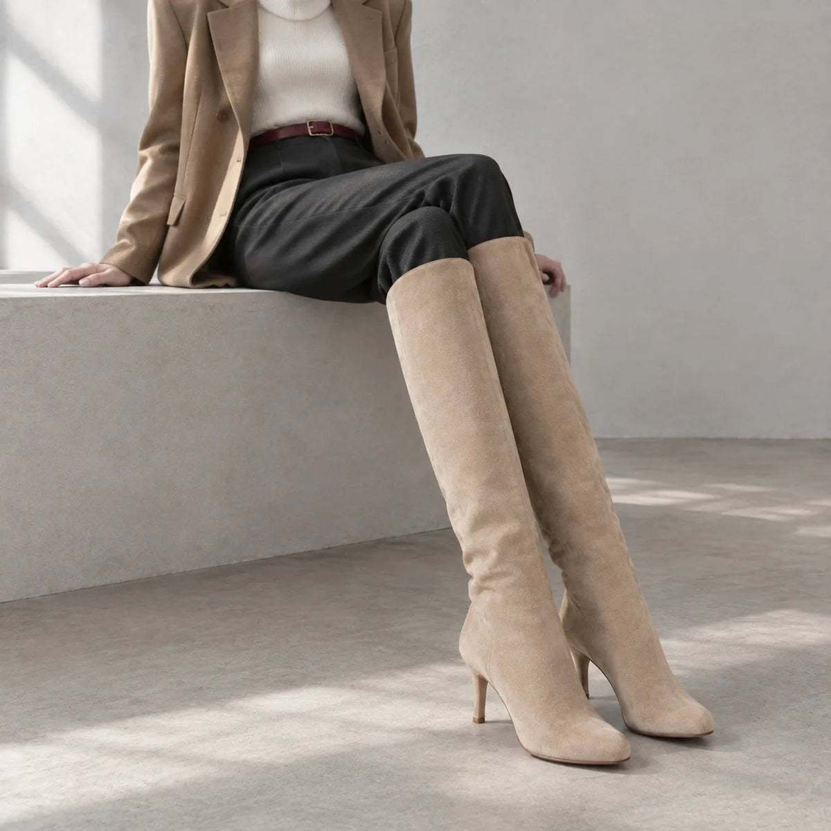 Apricot Suede Castelsardo Sheepskin Stiletto Boots lifestyle scene