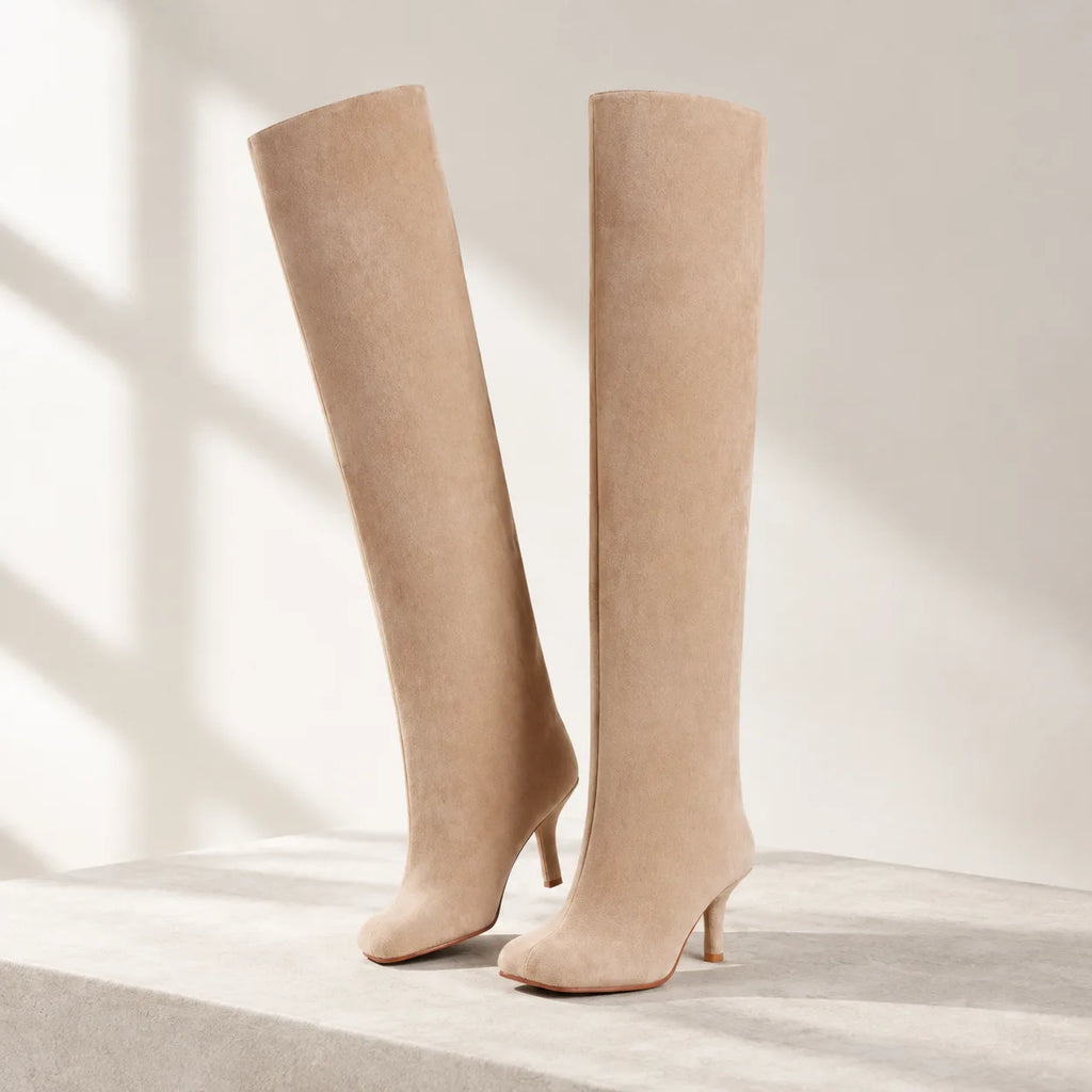 Apricot Suede Castelsardo Sheepskin Stiletto Boots styled scene