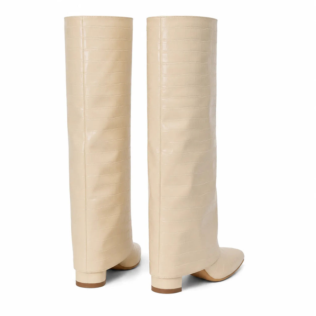 Warm Beige Daria Leather Knee-High Boots heel detail