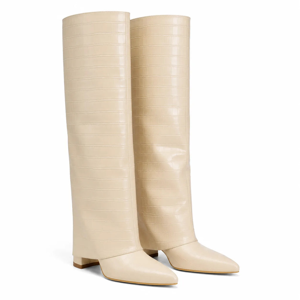 Warm Beige Daria Leather Knee-High Boots