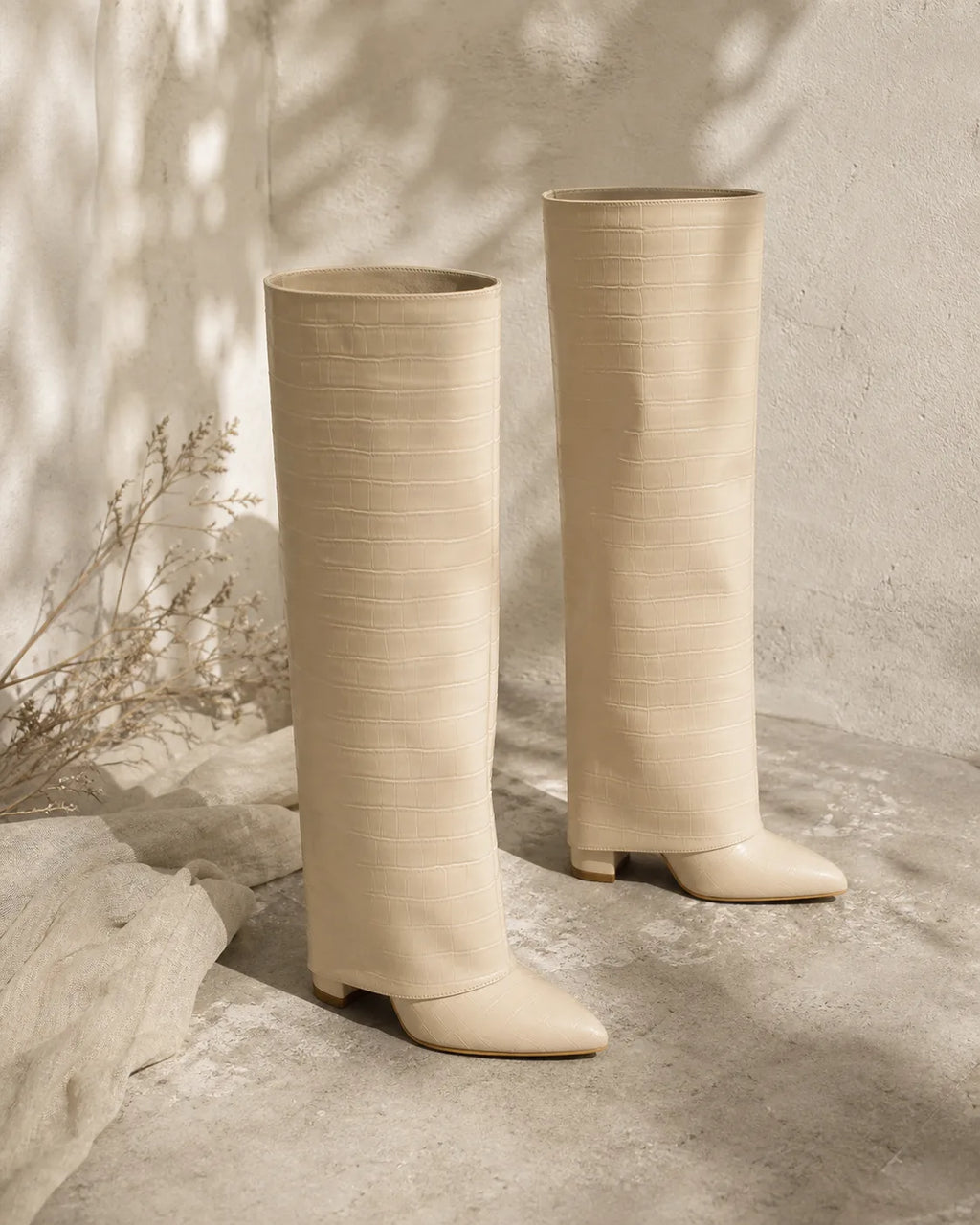 Warm Beige Daria Leather Knee-High Boots styled scene