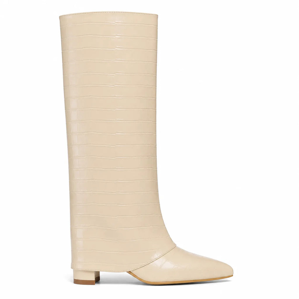 Warm Beige Daria Leather Knee-High Boots side view