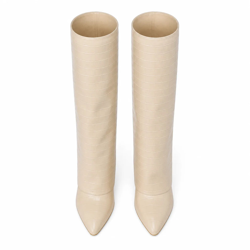 Warm Beige Daria Leather Knee-High Boots top view