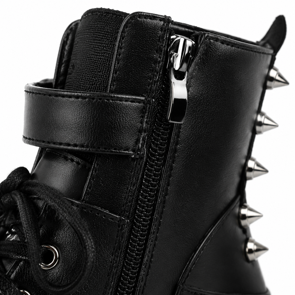 Deep Black Ferrara Leather Wedge Boots close-up detail
