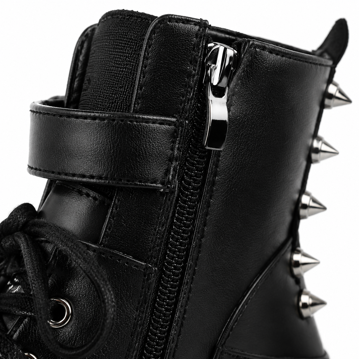 Deep Black Ferrara Leather Wedge Boots close-up detail