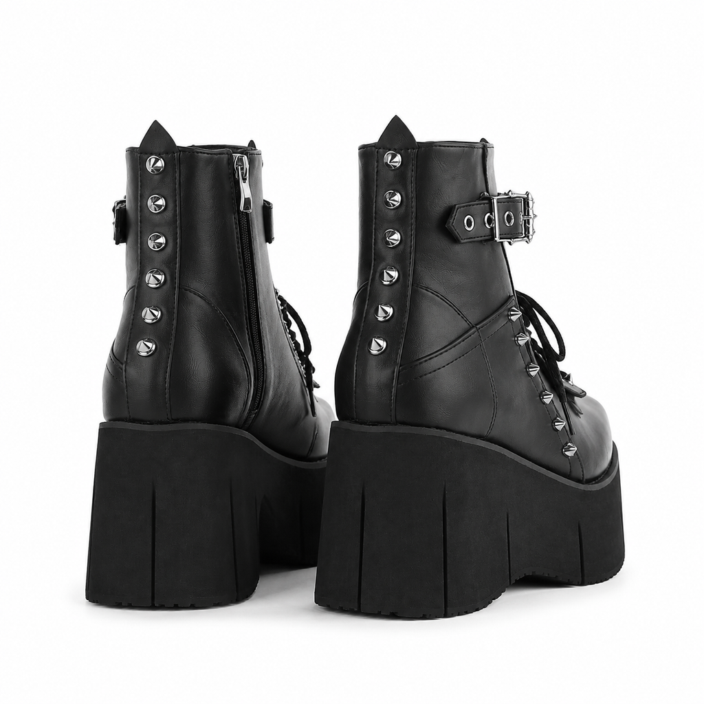 Deep Black Ferrara Leather Wedge Boots heel detail
