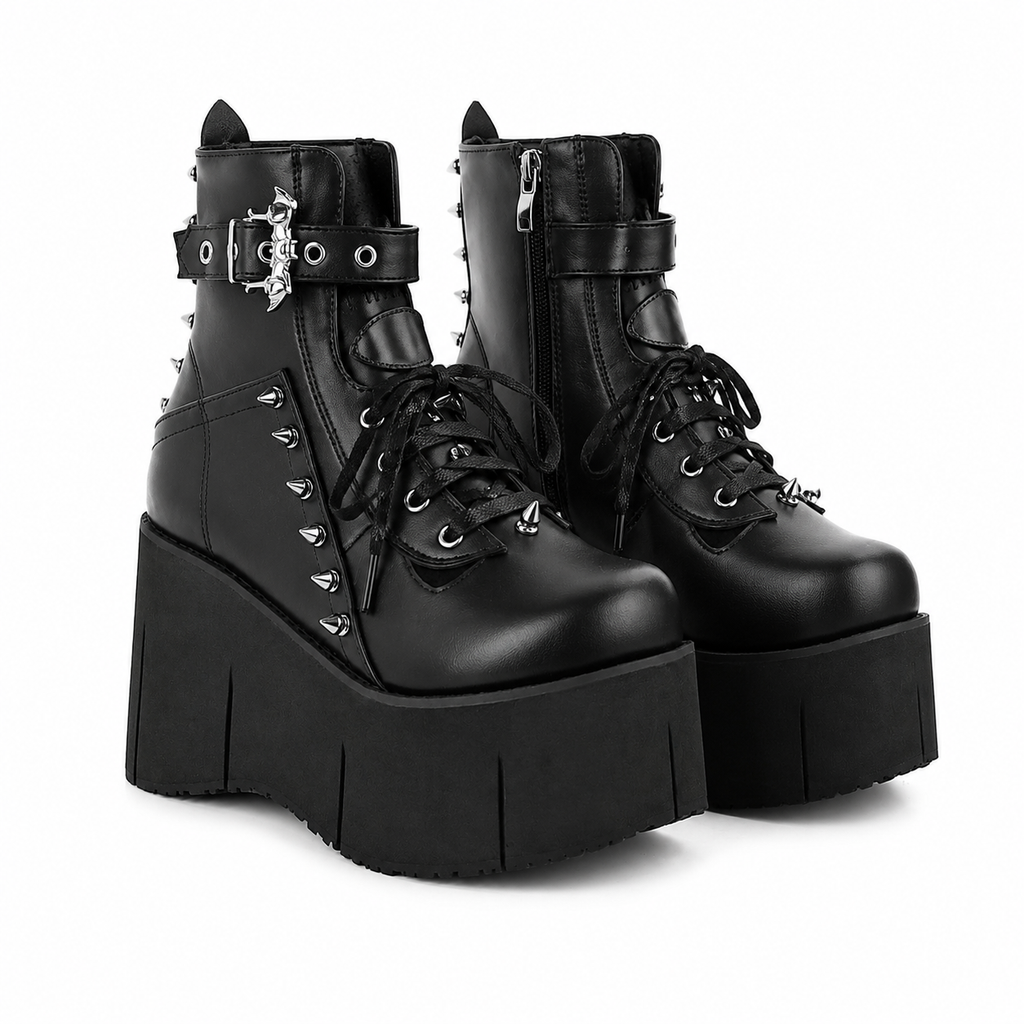 Deep Black Ferrara Leather Wedge Boots