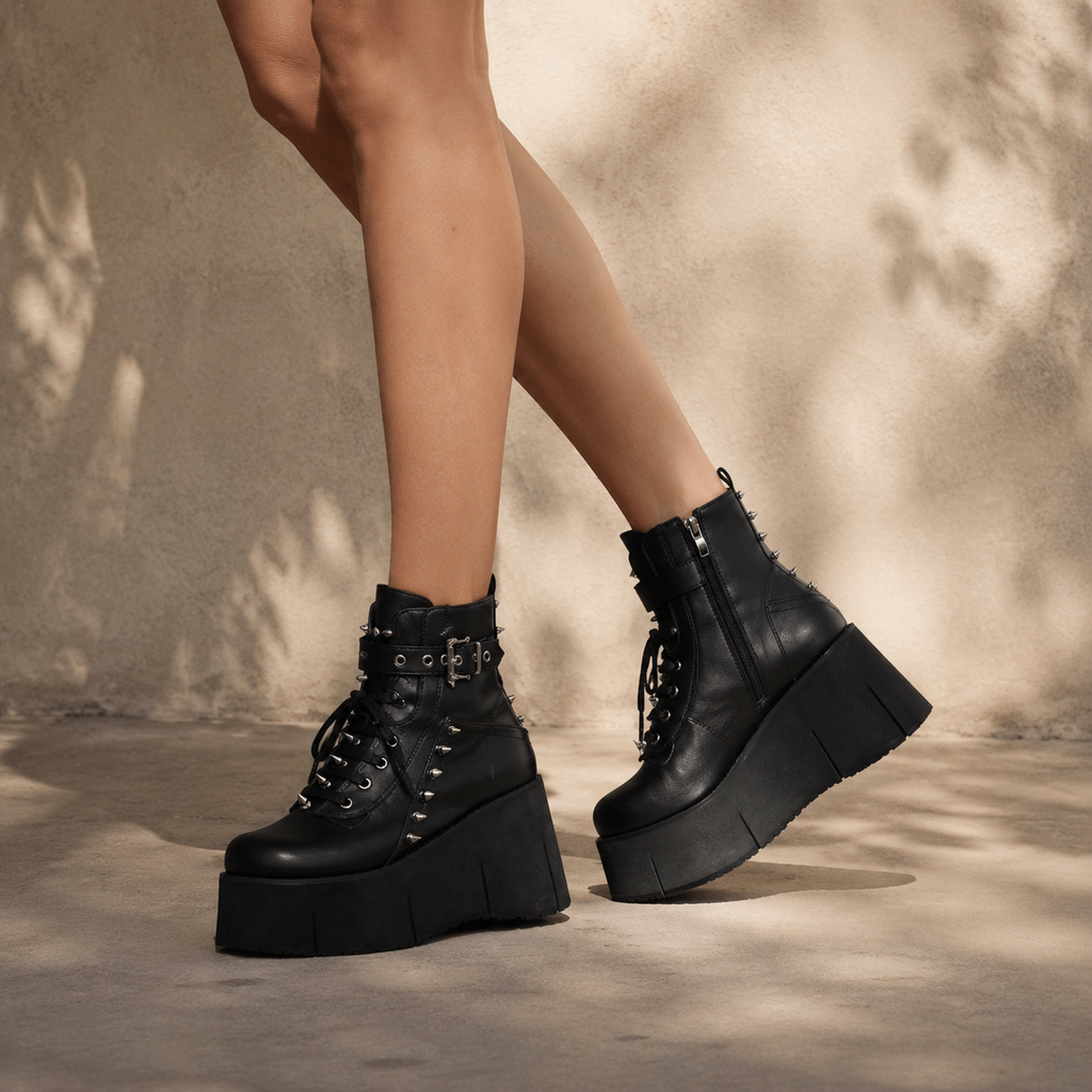 Deep Black Ferrara Leather Wedge Boots on-foot view
