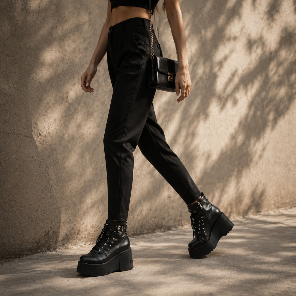 Deep Black Ferrara Leather Wedge Boots lifestyle scene
