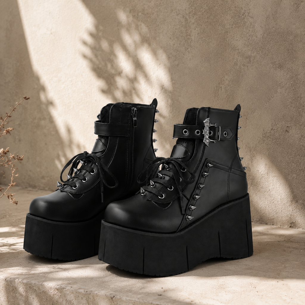 Deep Black Ferrara Leather Wedge Boots styled scene