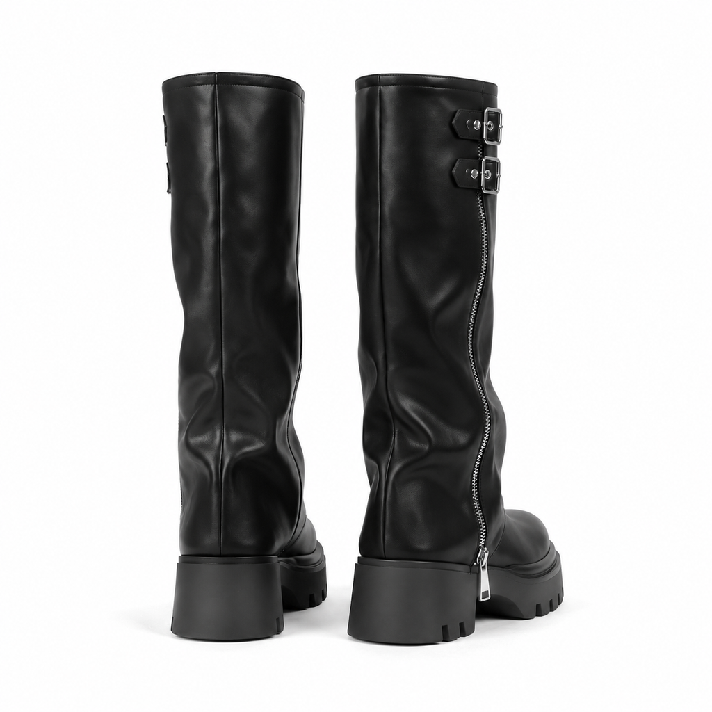 Deep Black Ragusa Leather Platform Boots heel detail