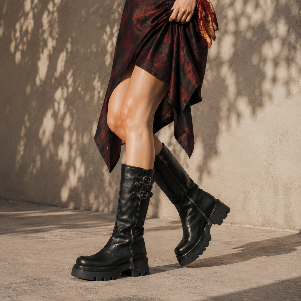 Deep Black Ragusa Leather Platform Boots on-foot view