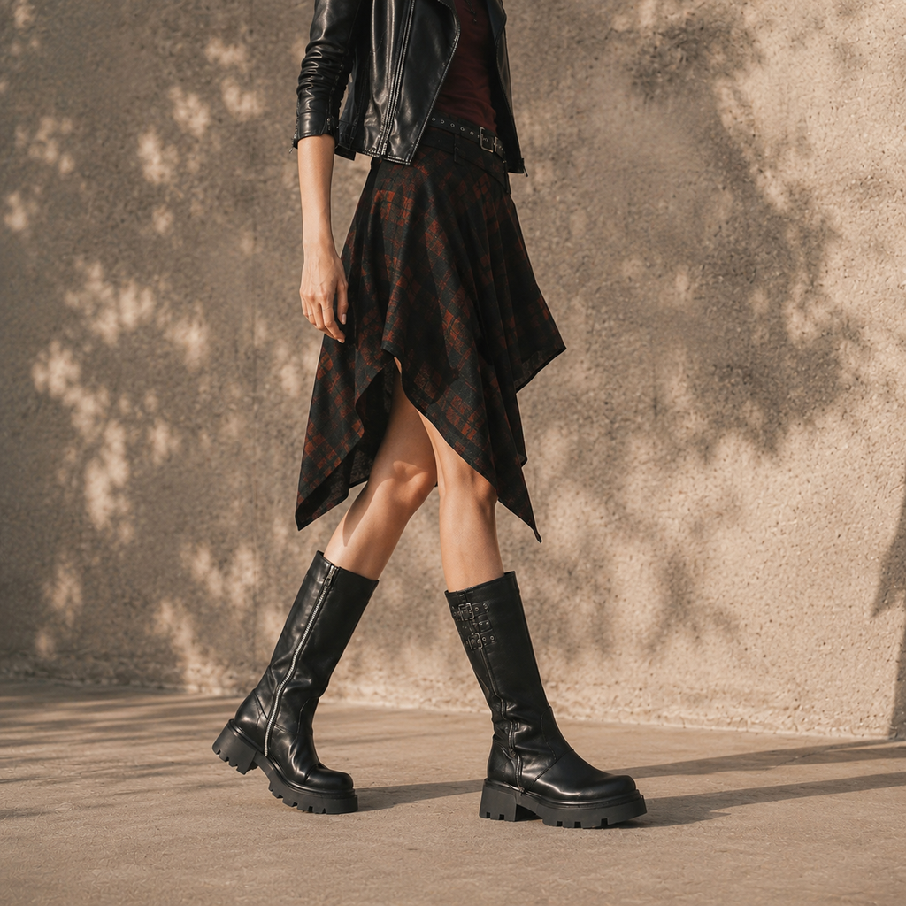 Deep Black Ragusa Leather Platform Boots lifestyle scene