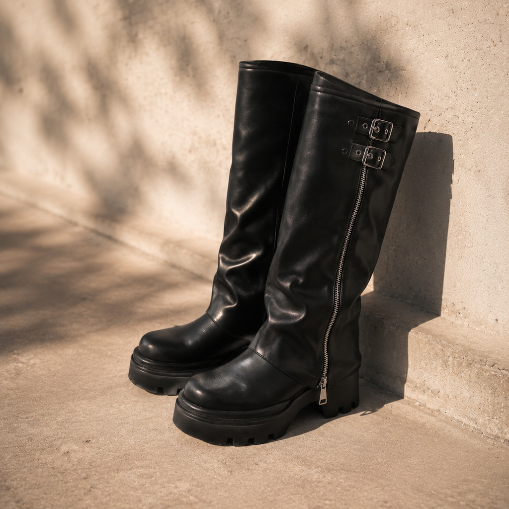Deep Black Ragusa Leather Platform Boots styled scene
