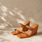 Rich Brown Panarea Raffia Wedge Sandals styled scene
