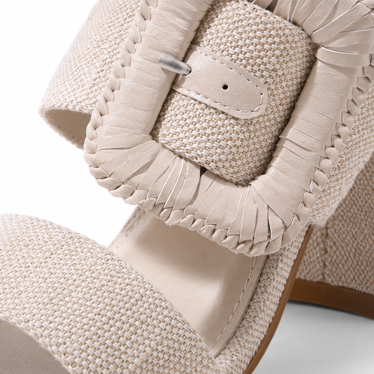 Warm Sand Otranto Straw Square-Heel Sandals close-up detail