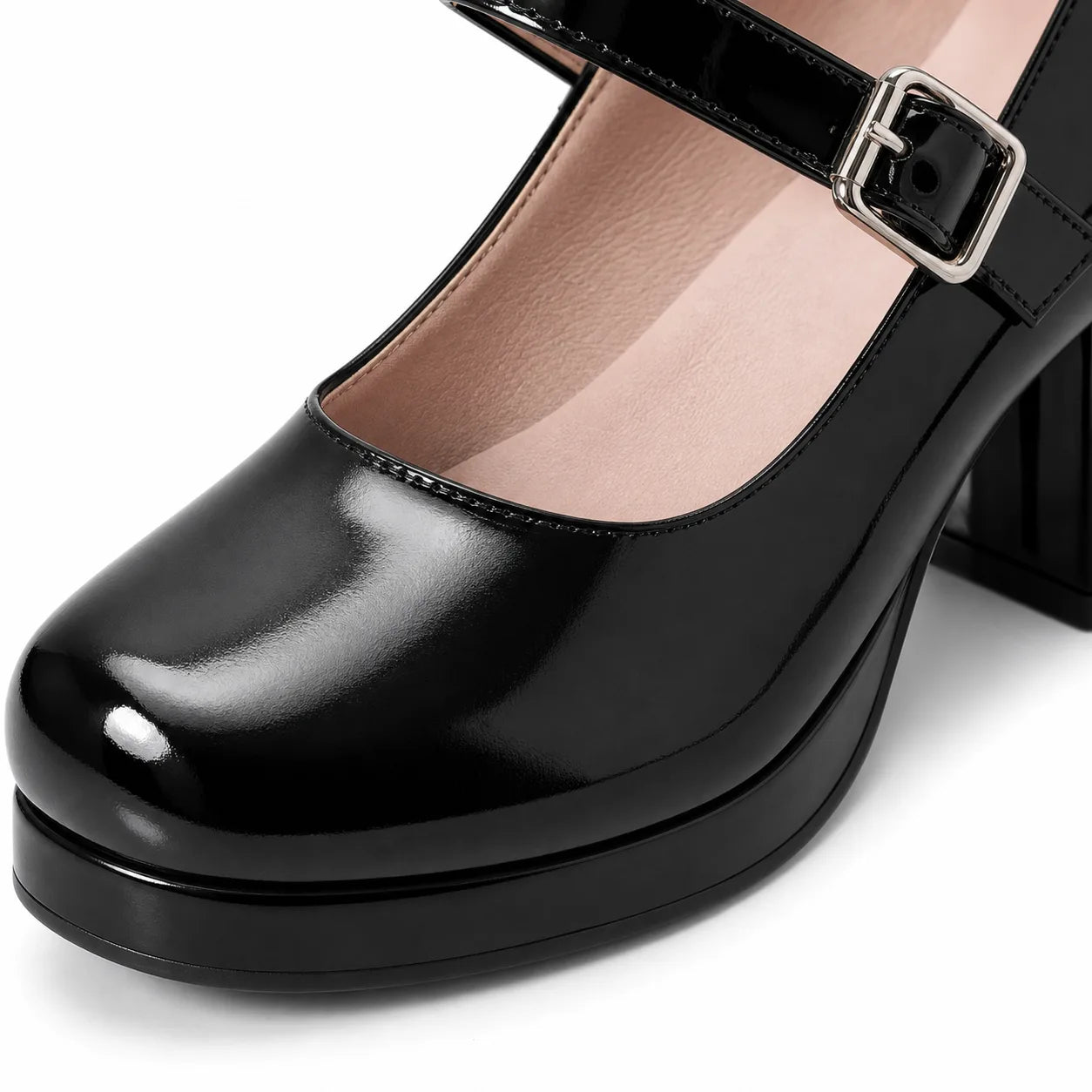 Deep Black Violetta Buckle Patent Flats close-up detail