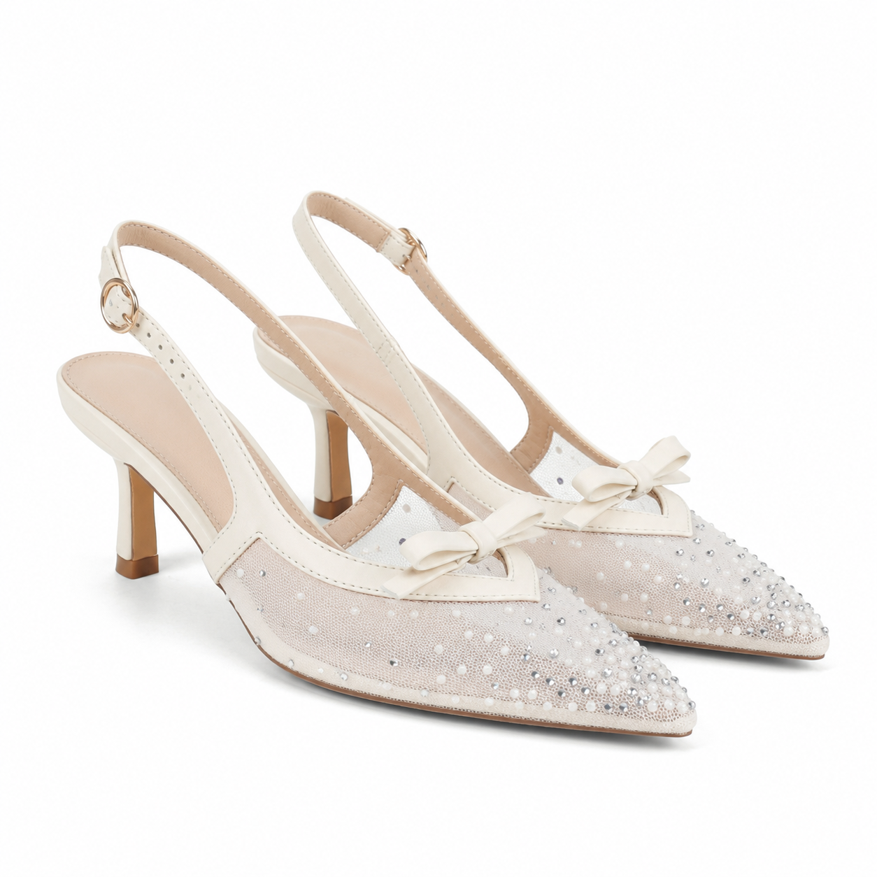 Beige Mesh Tullia Leather Thin-Heel Pumps