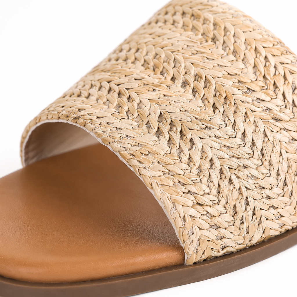 Soft Apricot Stintino Straw Slides close-up detail