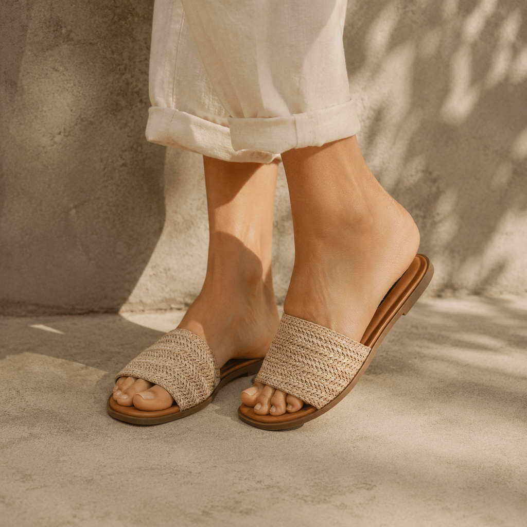 Soft Apricot Stintino Straw Slides on-foot view
