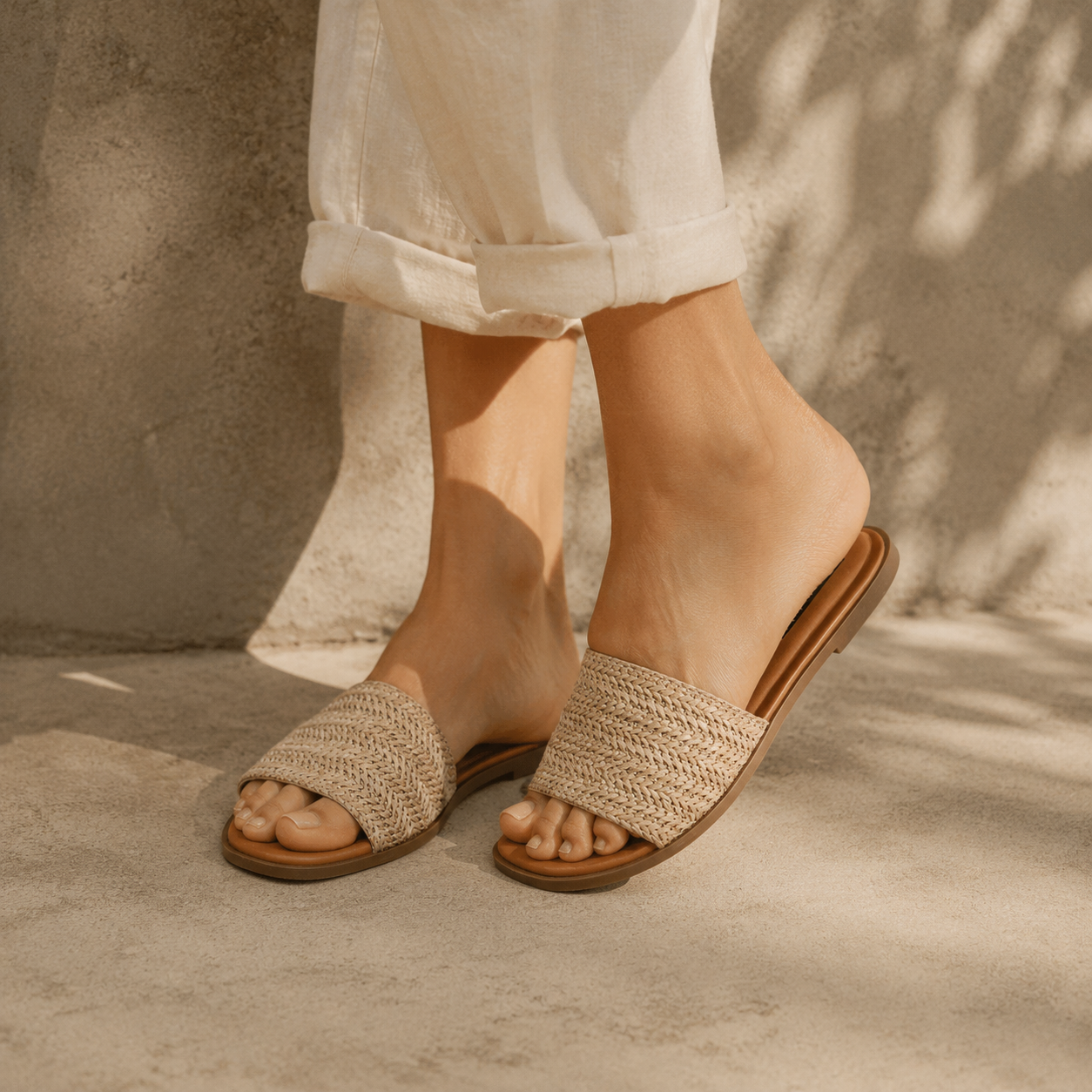 Soft Apricot Stintino Straw Slides on-foot view