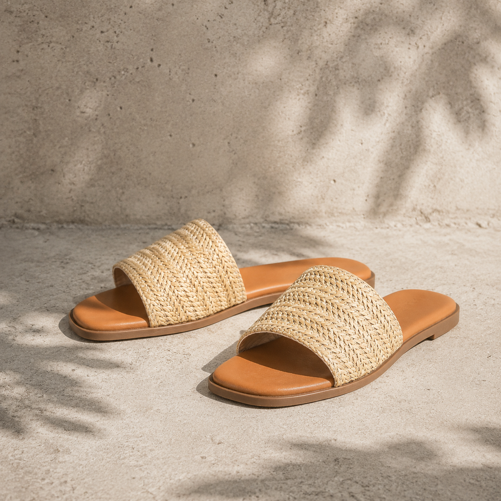 Soft Apricot Stintino Straw Slides styled scene