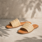 Soft Apricot Stintino Straw Slides styled scene
