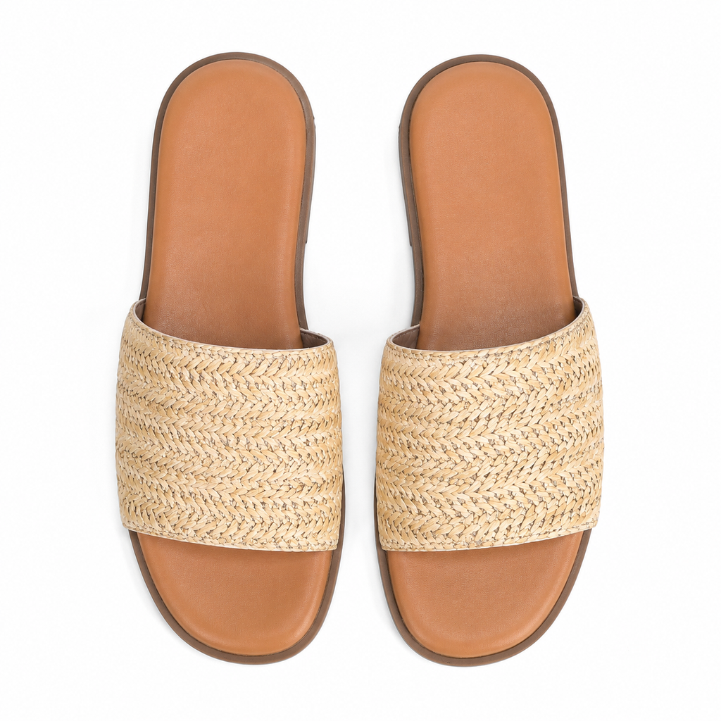 Soft Apricot Stintino Straw Slides top view