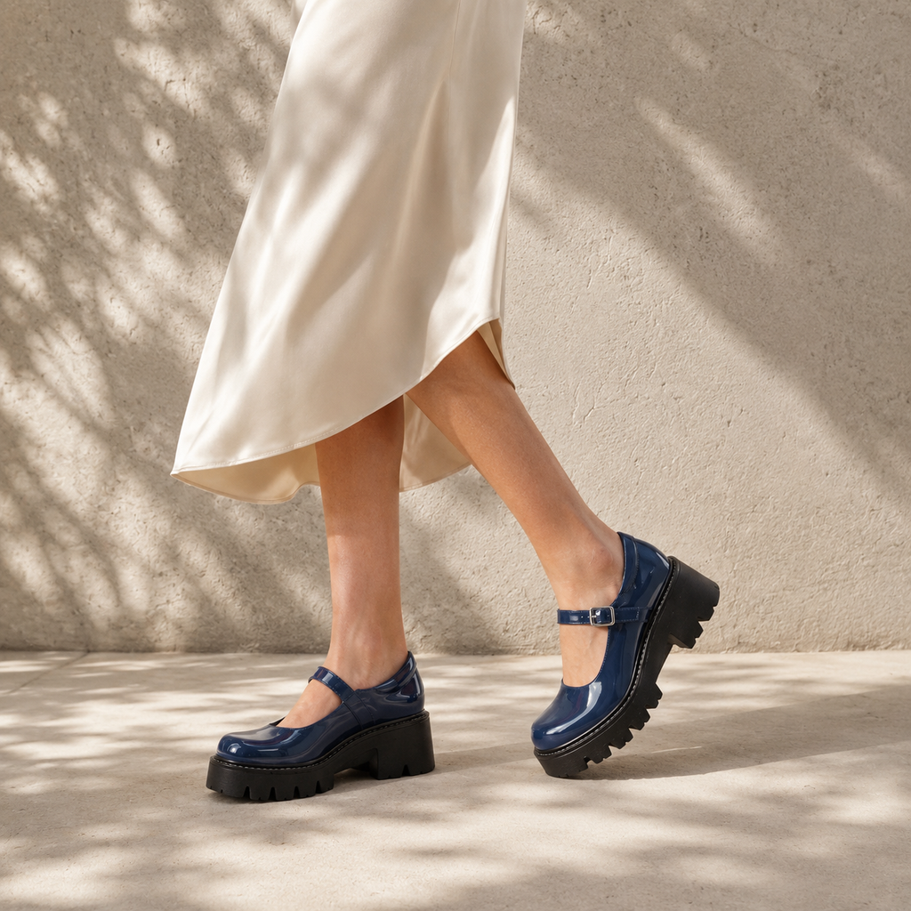 Deep Navy Viviana Flats on-foot view