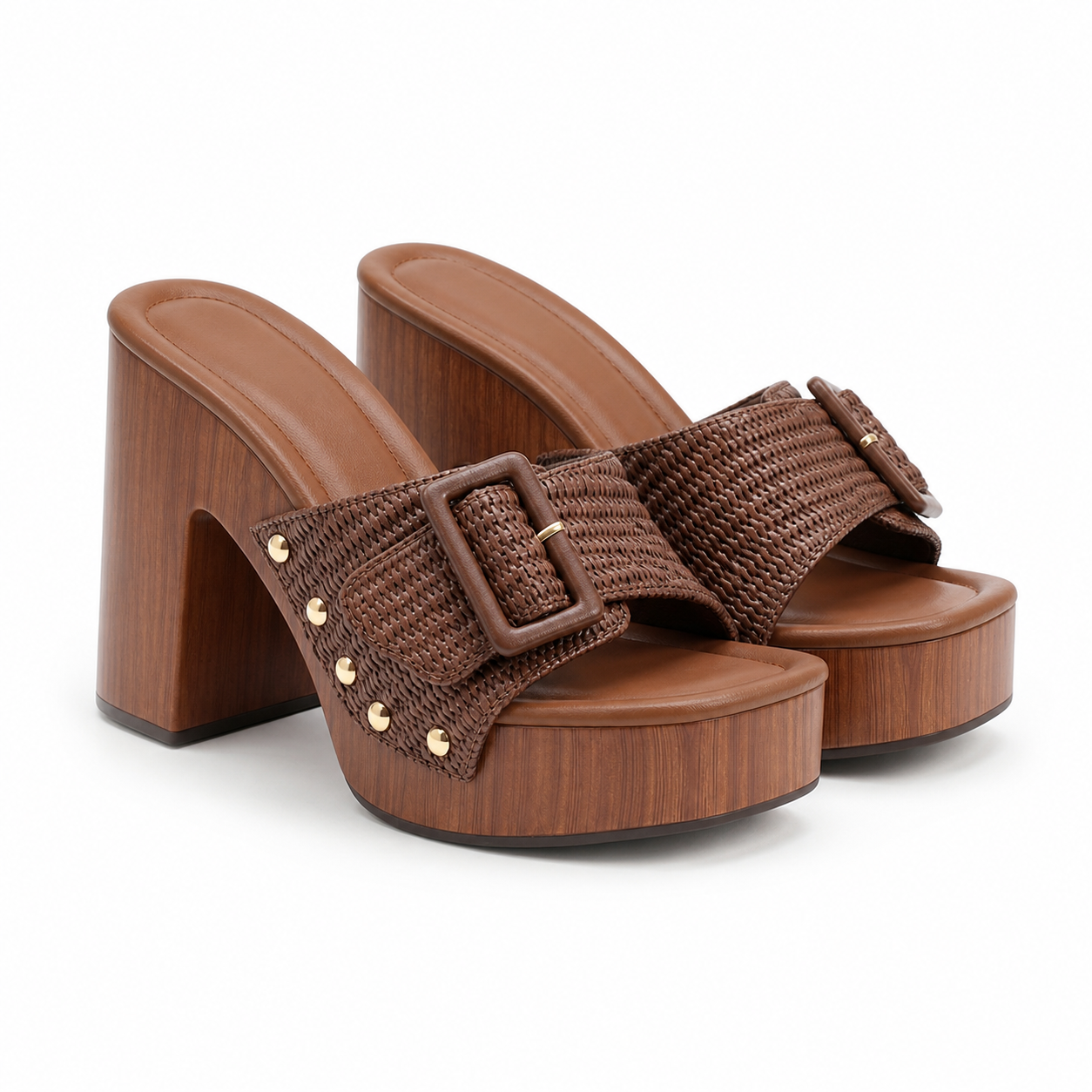 Brown Straw Serafina Buckle Microfiber Mules