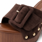 Brown Suede Serafina Buckle Microfiber Mules close-up detail