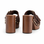 Brown Suede Serafina Buckle Microfiber Mules heel detail