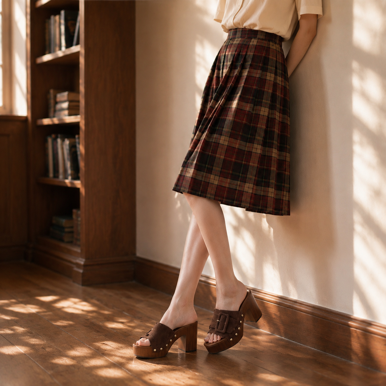 Brown Suede Serafina Buckle Microfiber Mules lifestyle scene