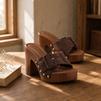 Brown Suede Serafina Buckle Microfiber Mules styled scene