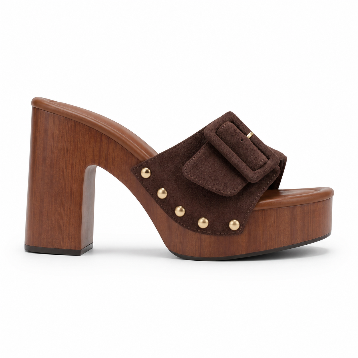 Brown Suede Serafina Buckle Microfiber Mules side view